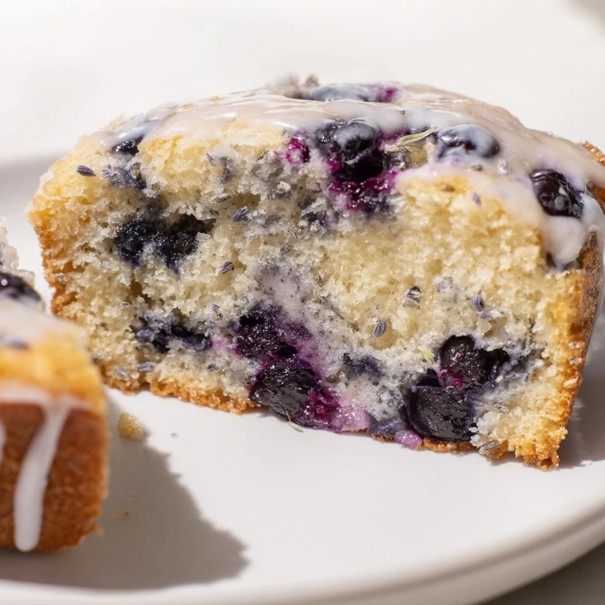 Golden-brown Lavender Blueberry Tea Cakes rest on a white ceramic plate, featuring a dusting of powdered sugar and scattered lavender buds.