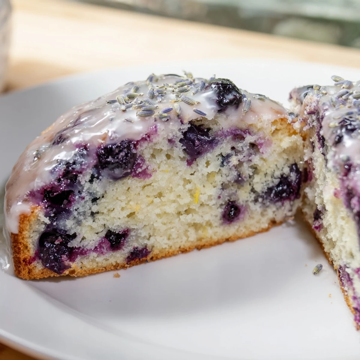 Freshly baked Lavender Blueberry Tea Cakes are arranged on a wire cooling rack, showcasing their moist interior and vibrant purple berry pockets.