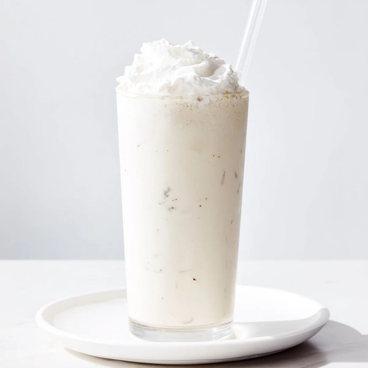 Tall glass of Starbucks Vanilla Bean Frappuccino with whipped cream topping and a straw.