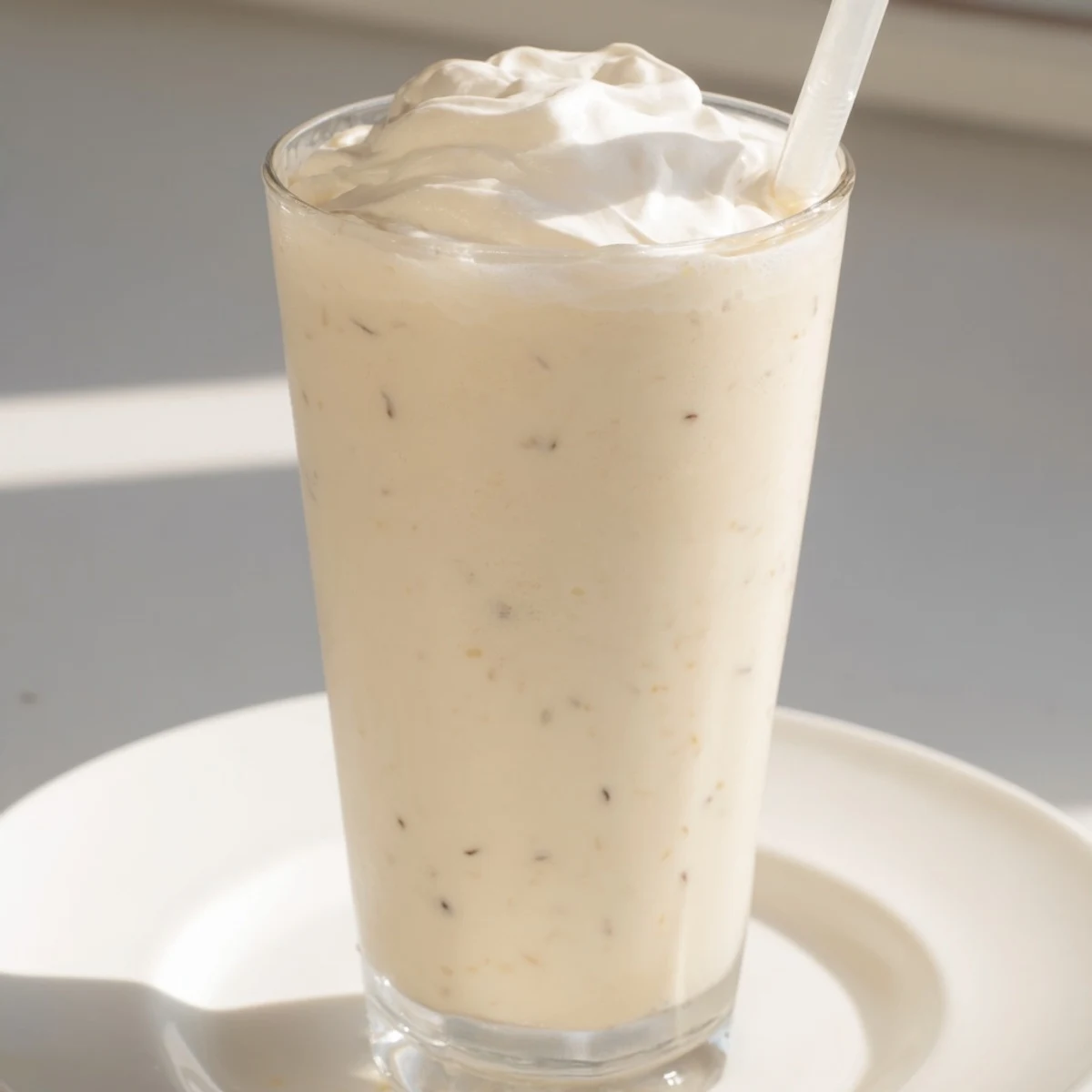 Homemade Starbucks Vanilla Bean Frappuccino in a tall glass with fluffy whipped cream swirl.