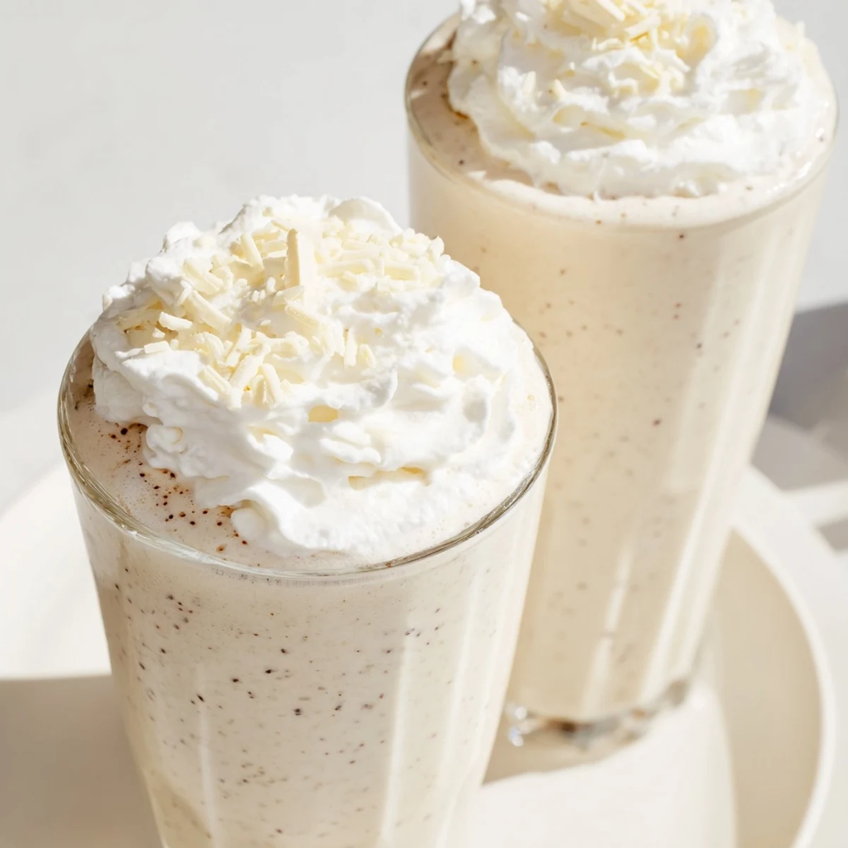 A tall glass of Vanilla Bean Frappuccino topped with whipped cream and white chocolate shavings, offering a frosty, sweet sip.