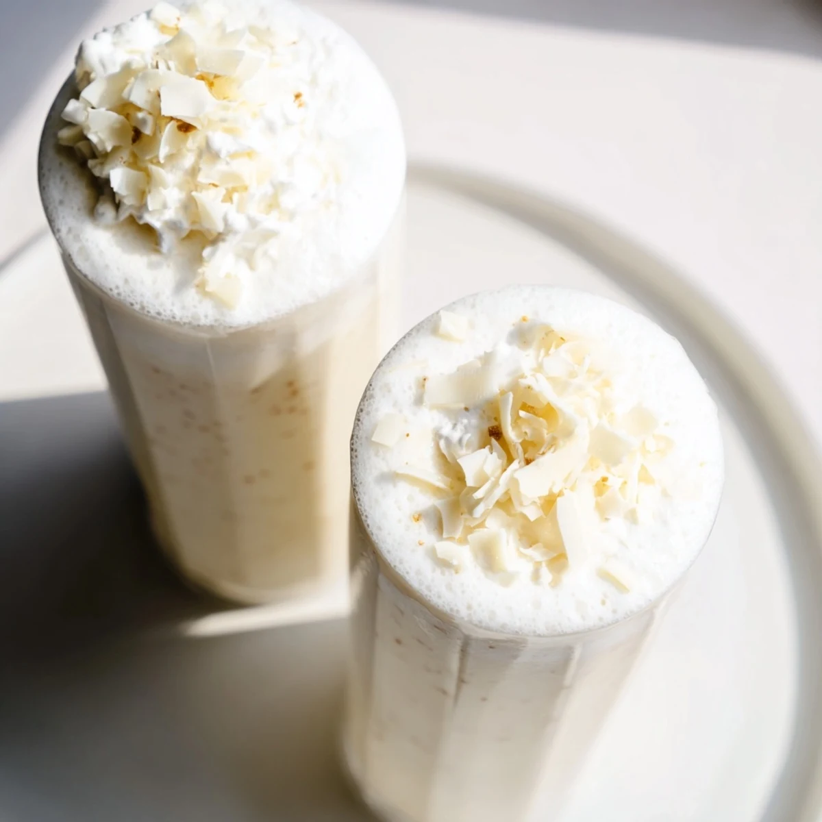 Freshly blended Vanilla Bean Frappuccino pours into a chilled glass, showing its creamy texture and specks of real vanilla bean.