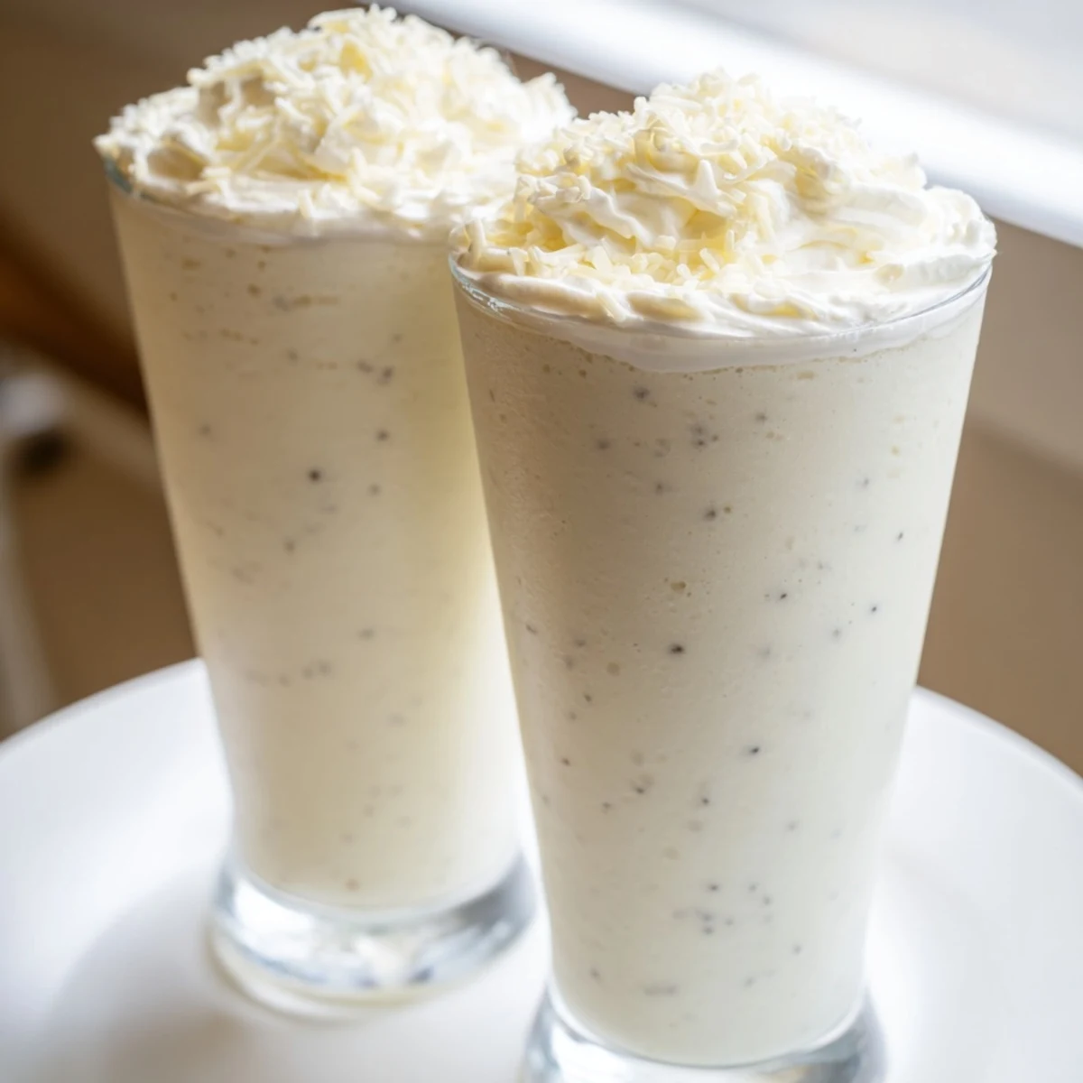 Serving suggestion for Vanilla Bean Frappuccino with a swirl of whipped cream, perfect for a refreshing afternoon treat.