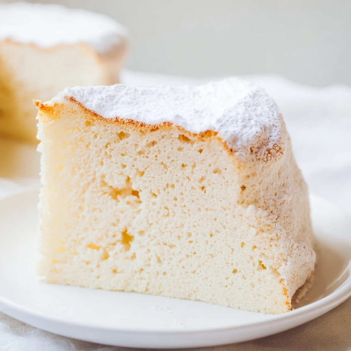 Close-up of Fluffy Yogurt Cloud Cake dusted with powdered sugar, served on a rustic plate beside fresh raspberries and a cup of tea for teatime.