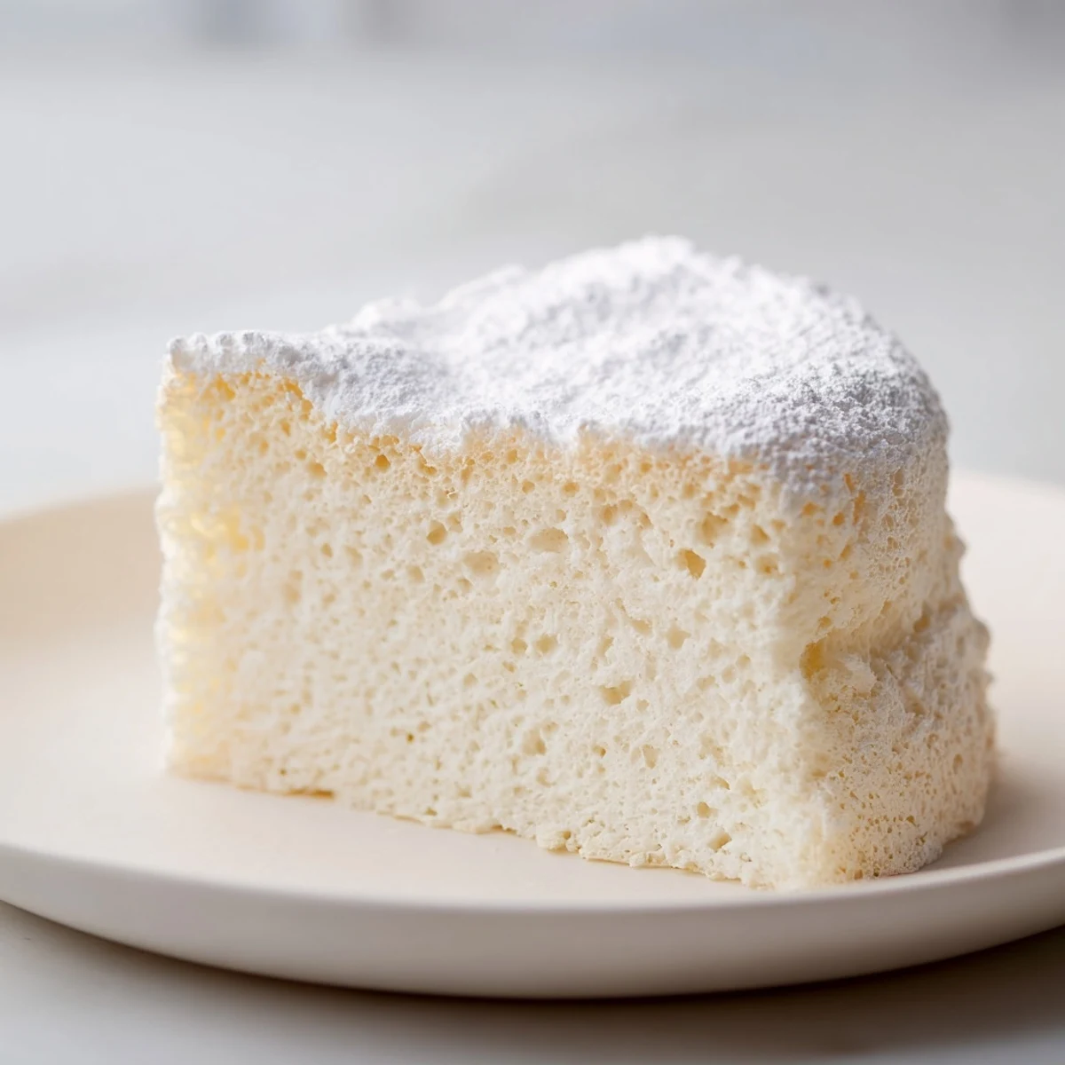 A freshly baked Fluffy Yogurt Cloud Cake with a golden top, cut to reveal its soft, airy texture and moist crumb with visible lemon zest.