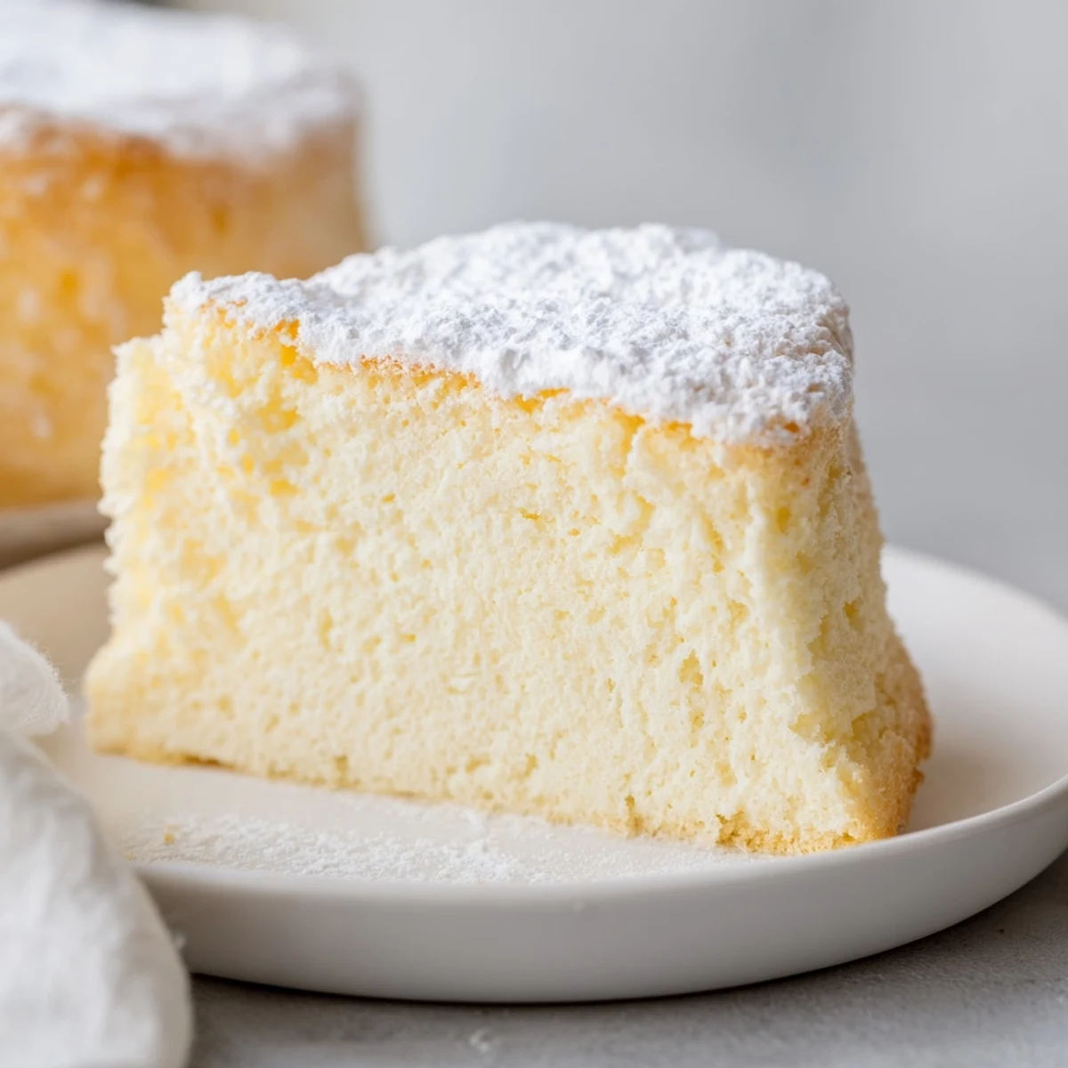 Overhead shot of Fluffy Yogurt Cloud Cake on a marble counter, garnished with whipped cream and blueberries, ready for a refreshing dessert after dinner.