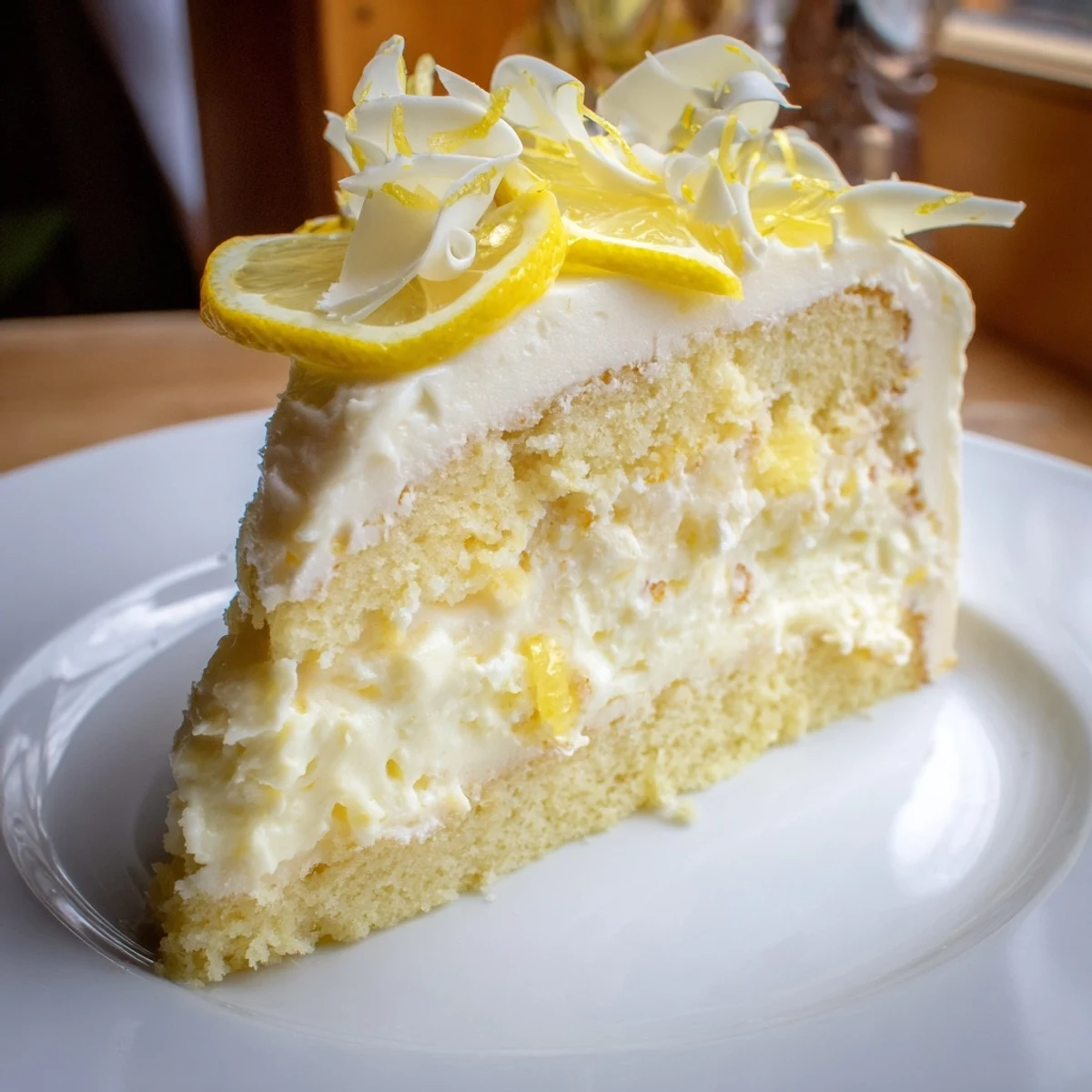 Freshly baked Limoncello Mascarpone Cake layers soaked in sweet syrup and frosted with creamy filling on a rustic table.