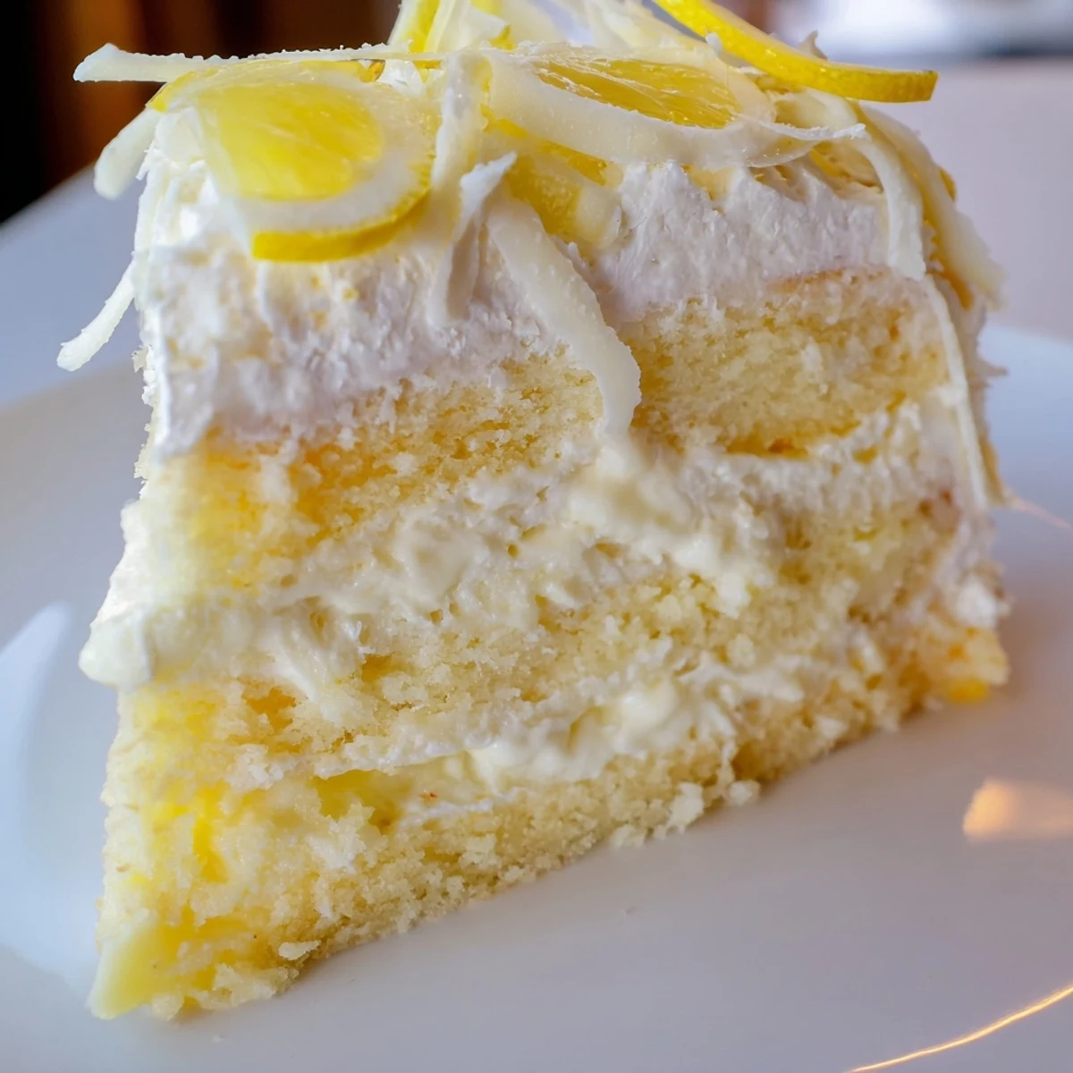 A slice of Limoncello Mascarpone Cake reveals fluffy sponge soaked in syrup and rich mascarpone frosting with lemon zest.