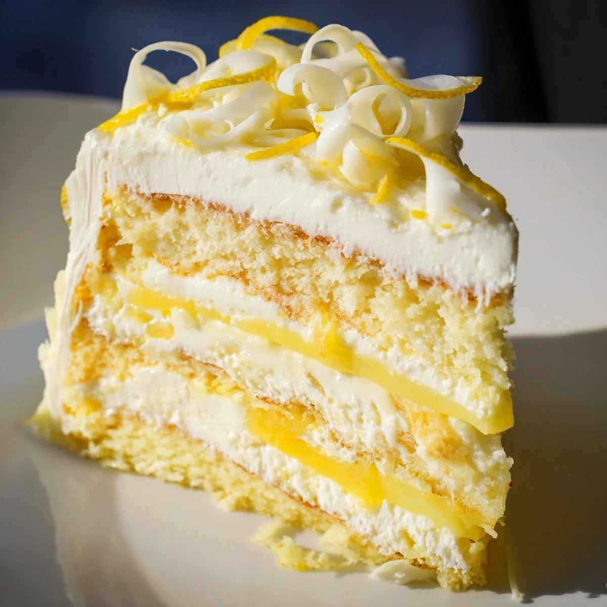 Moist Limoncello Mascarpone Cake layers with mascarpone frosting and lemon garnish served on a dessert plate for a party.