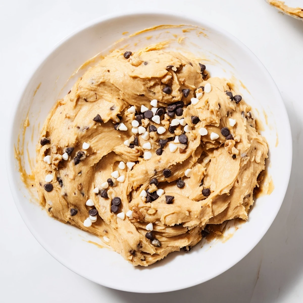 A close-up bowl of Guilt Free Greek Yogurt Cookie Dough showing creamy texture with chocolate chips and chopped walnuts.