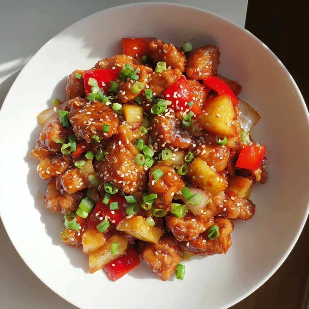 Golden-brown Honey Garlic Pineapple Chicken glistening with sauce in a skillet, garnished with green onions and sesame seeds.