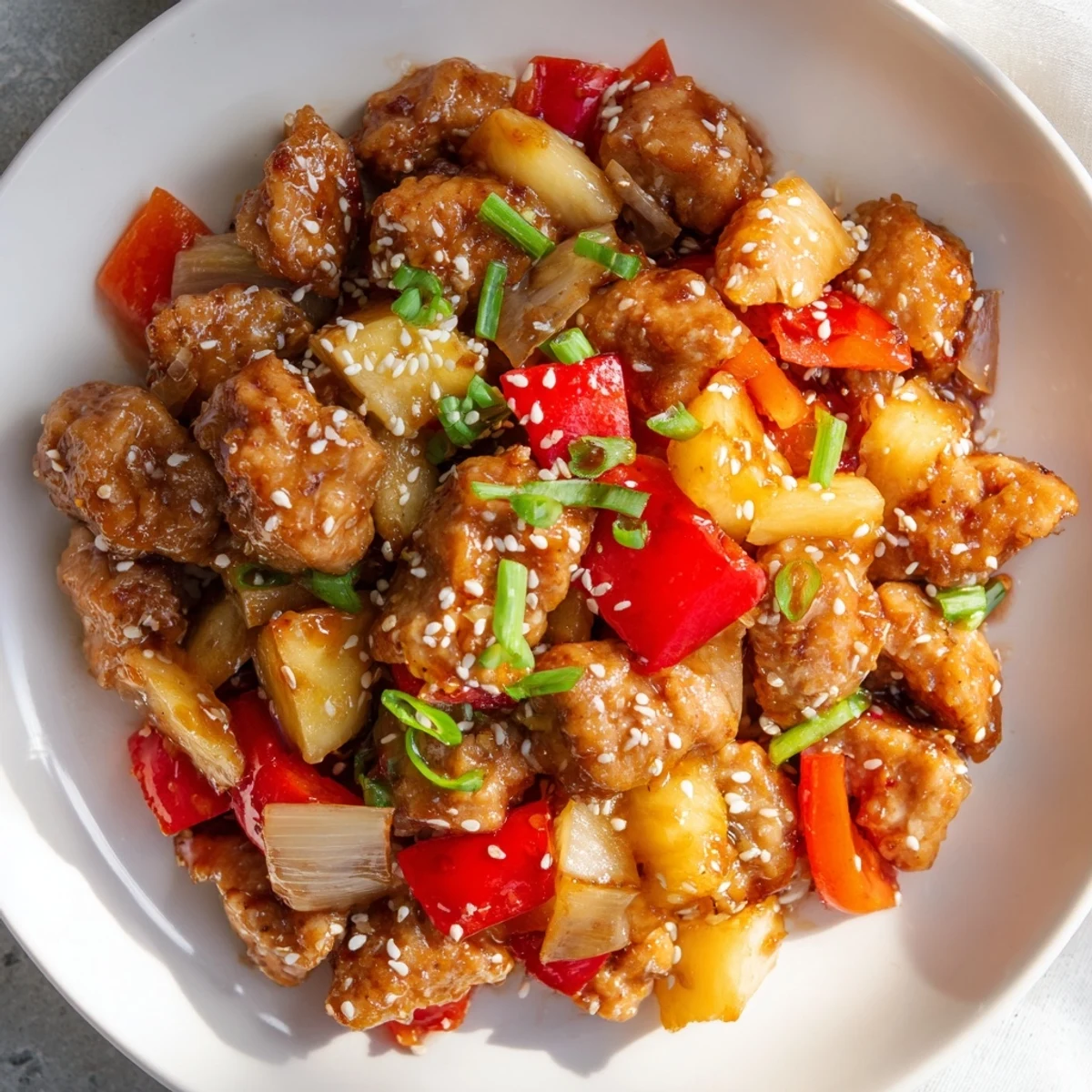 Tender Honey Garlic Pineapple Chicken served over fluffy white rice, with diced bell peppers and pineapple chunks visible.