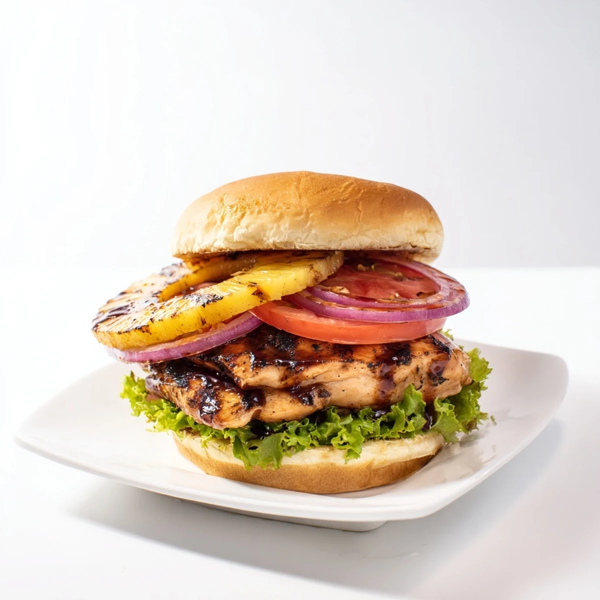 A juicy grilled Hawaiian Pineapple Chicken Burger with caramelized pineapple and tangy teriyaki sauce on a toasted bun.