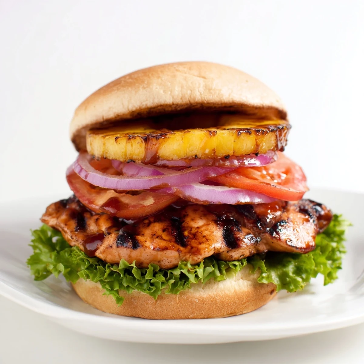Grilled Hawaiian Pineapple Chicken Burger drizzled with teriyaki glaze, served with sweet potato fries on a wooden board.