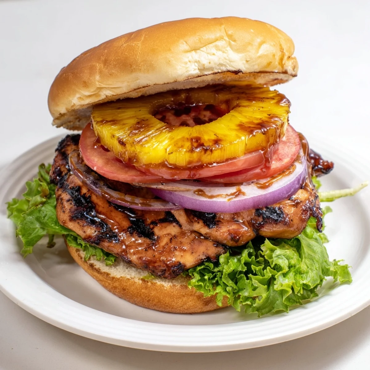 Close-up of a Hawaiian Pineapple Chicken Burger stacked with crisp lettuce, tomato, and red onion on a soft bun.