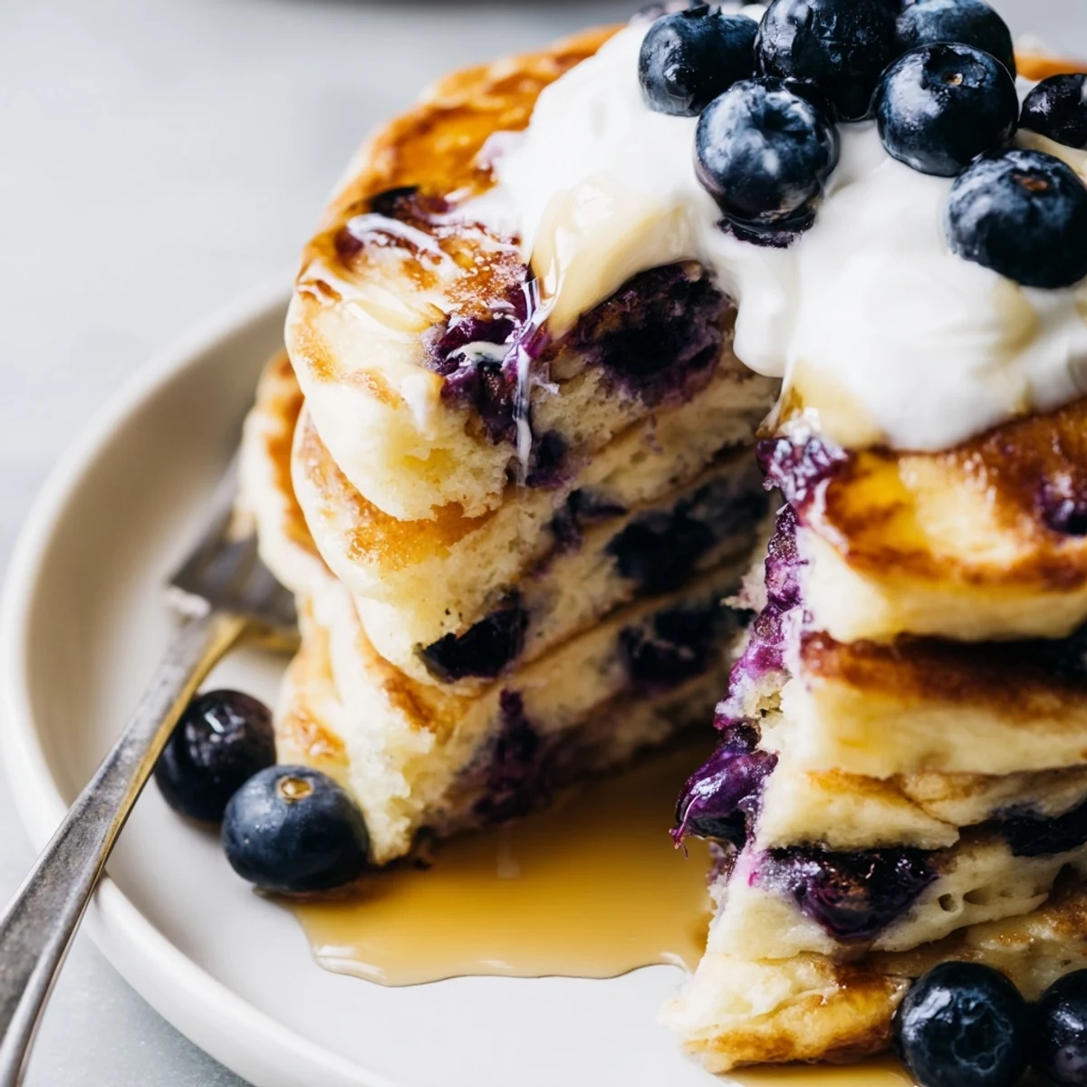 Fluffy Greek Yogurt Blueberry Pancakes stacked high with a drizzle of warm maple syrup and fresh berries.