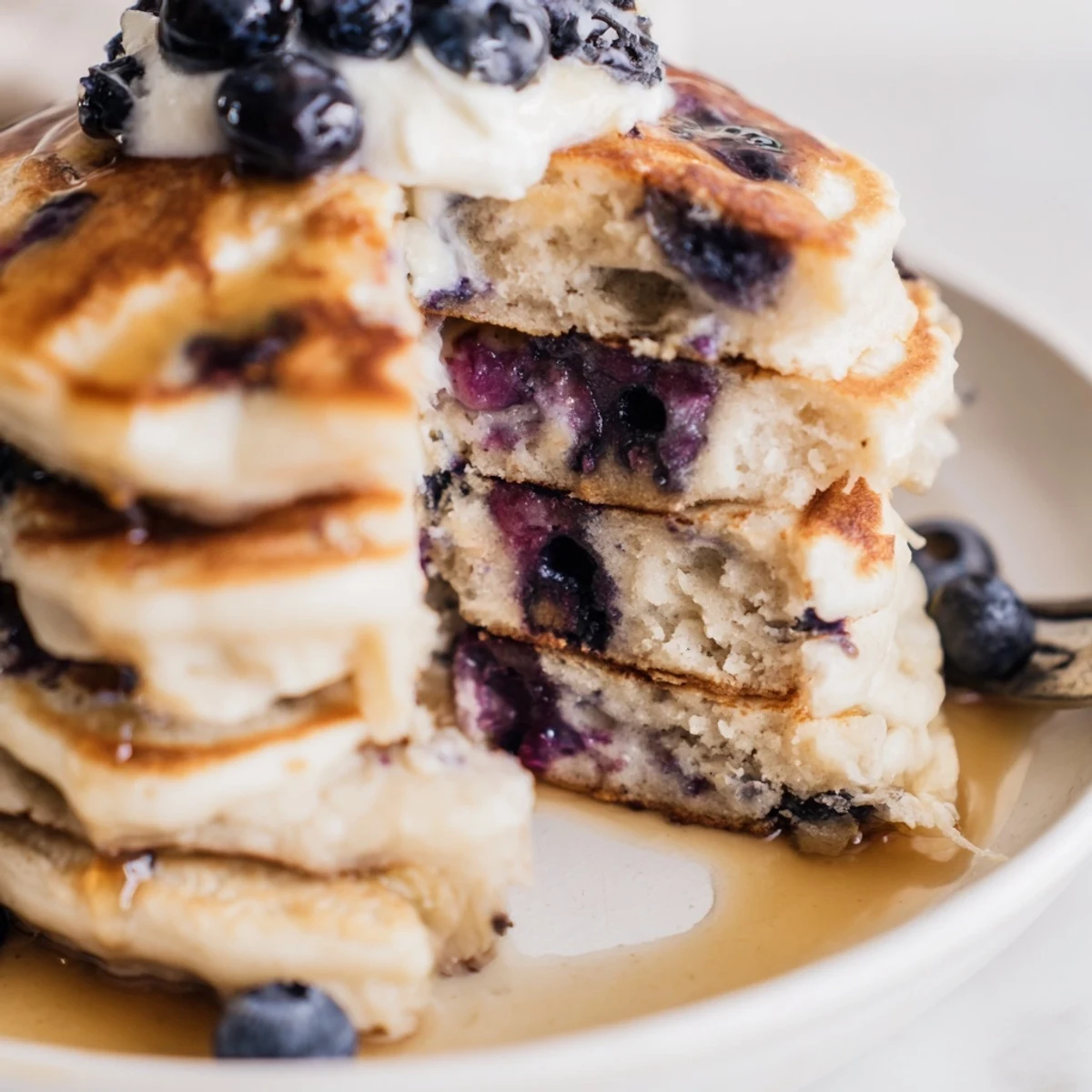 A close-up of Fluffy Greek Yogurt Blueberry Pancakes cooking on a griddle with melting butter.