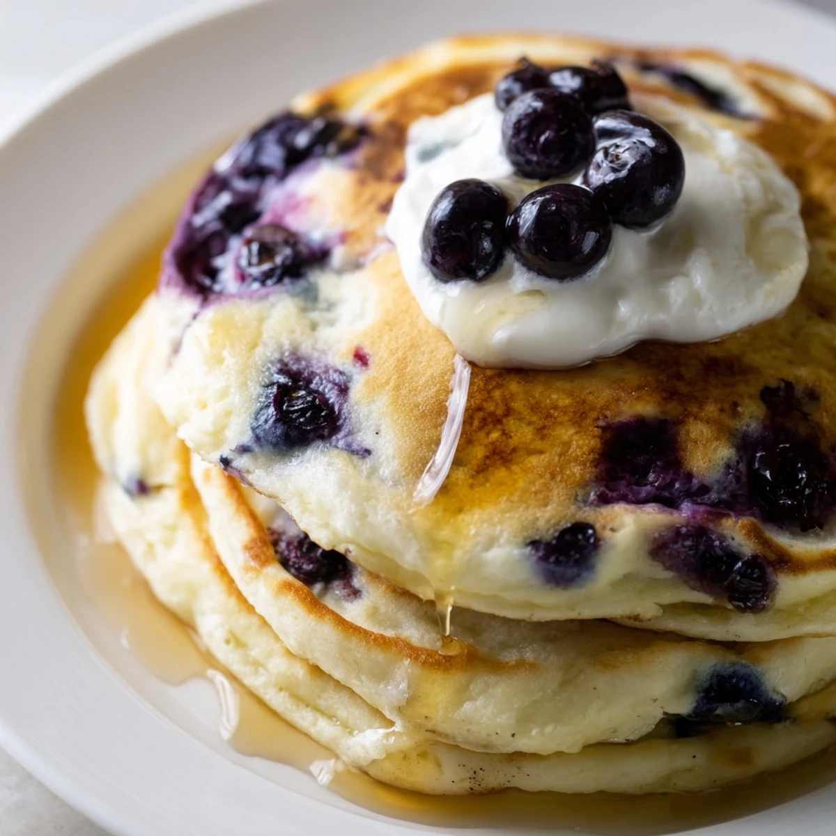Homemade Fluffy Greek Yogurt Blueberry Pancakes served on a white plate with a dollop of yogurt.