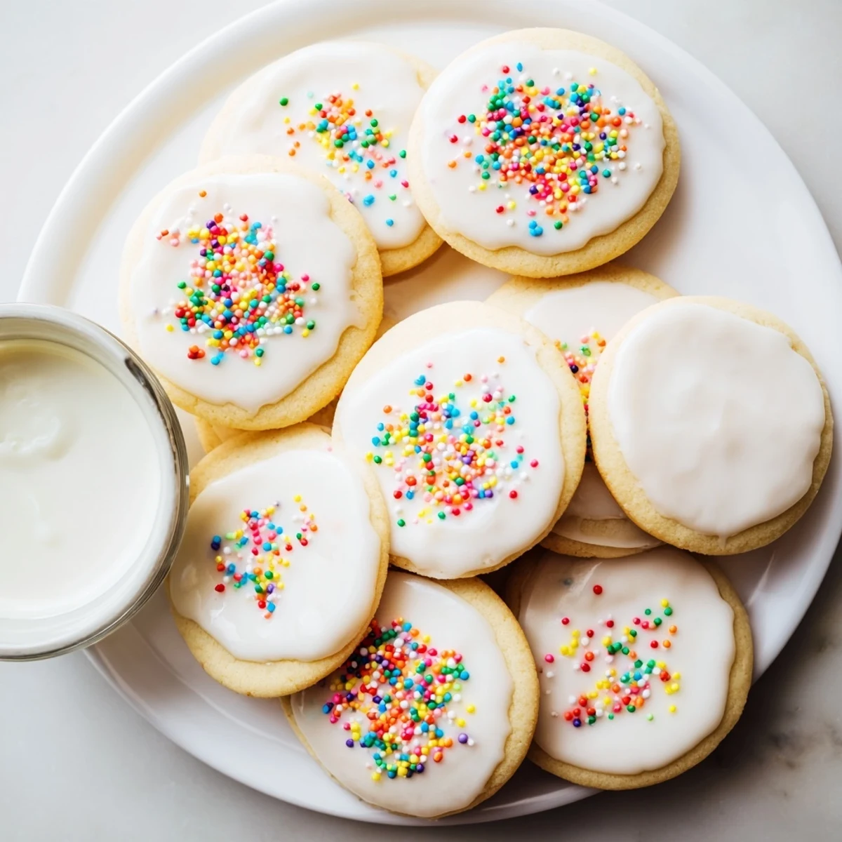 A glossy white Sugar Cookie Icing glaze is drizzled from a spoon over freshly baked round cookies on a cooling rack.