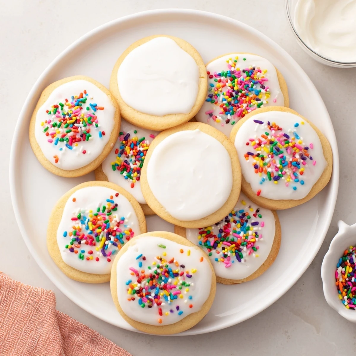 Close-up of vibrant pink Sugar Cookie Icing being piped onto decorated sugar cookies arranged on a festive baking sheet.