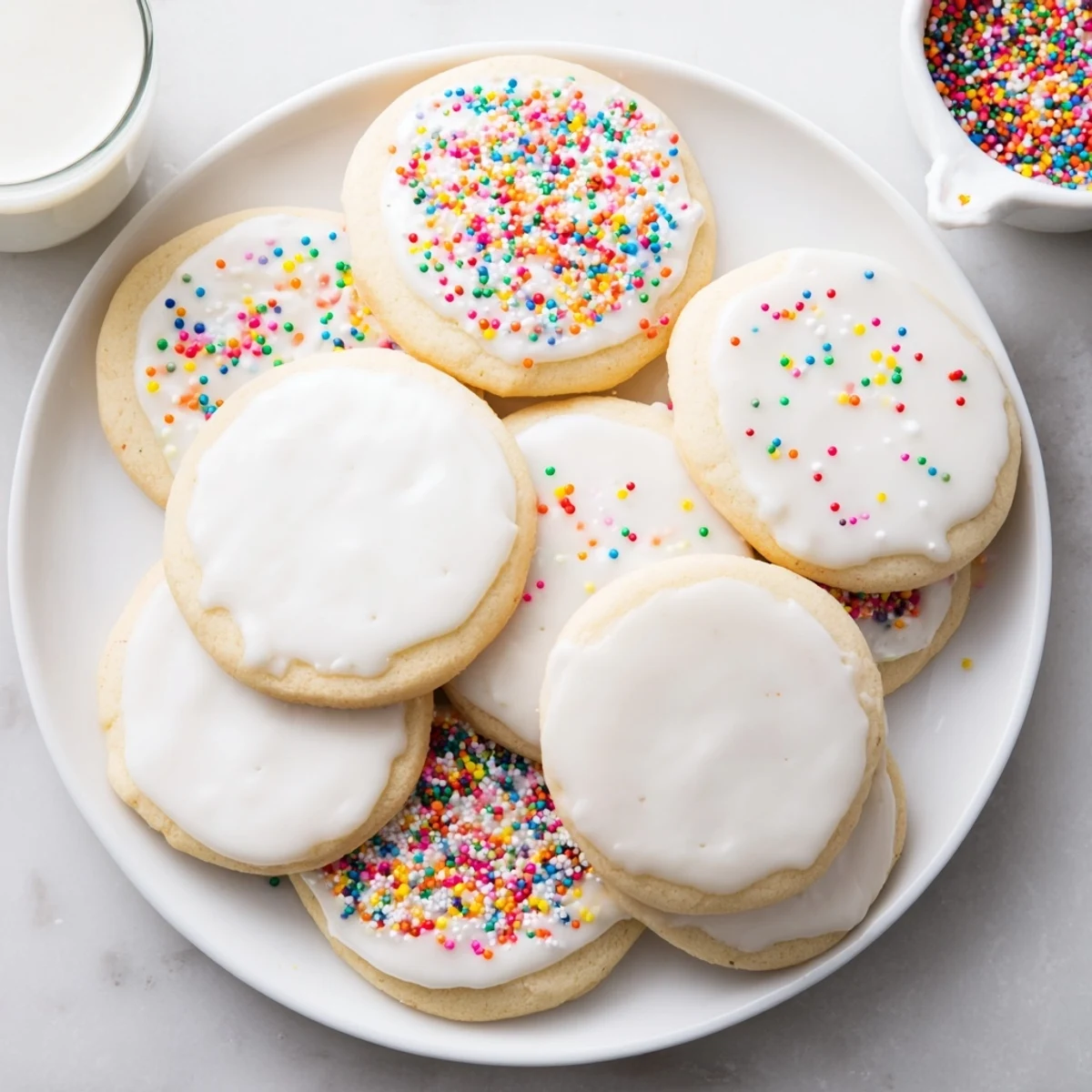 Smooth and shiny Sugar Cookie Icing in a small bowl with a whisk, ready to spread onto cookies for decoration.