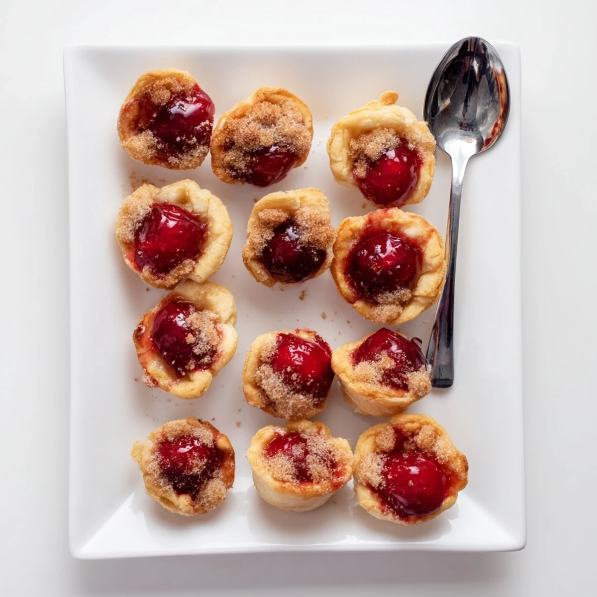 Warm Quick Cherry Pie Bites with flaky buttery pastry and sweet cherry filling, perfect for serving at a party.