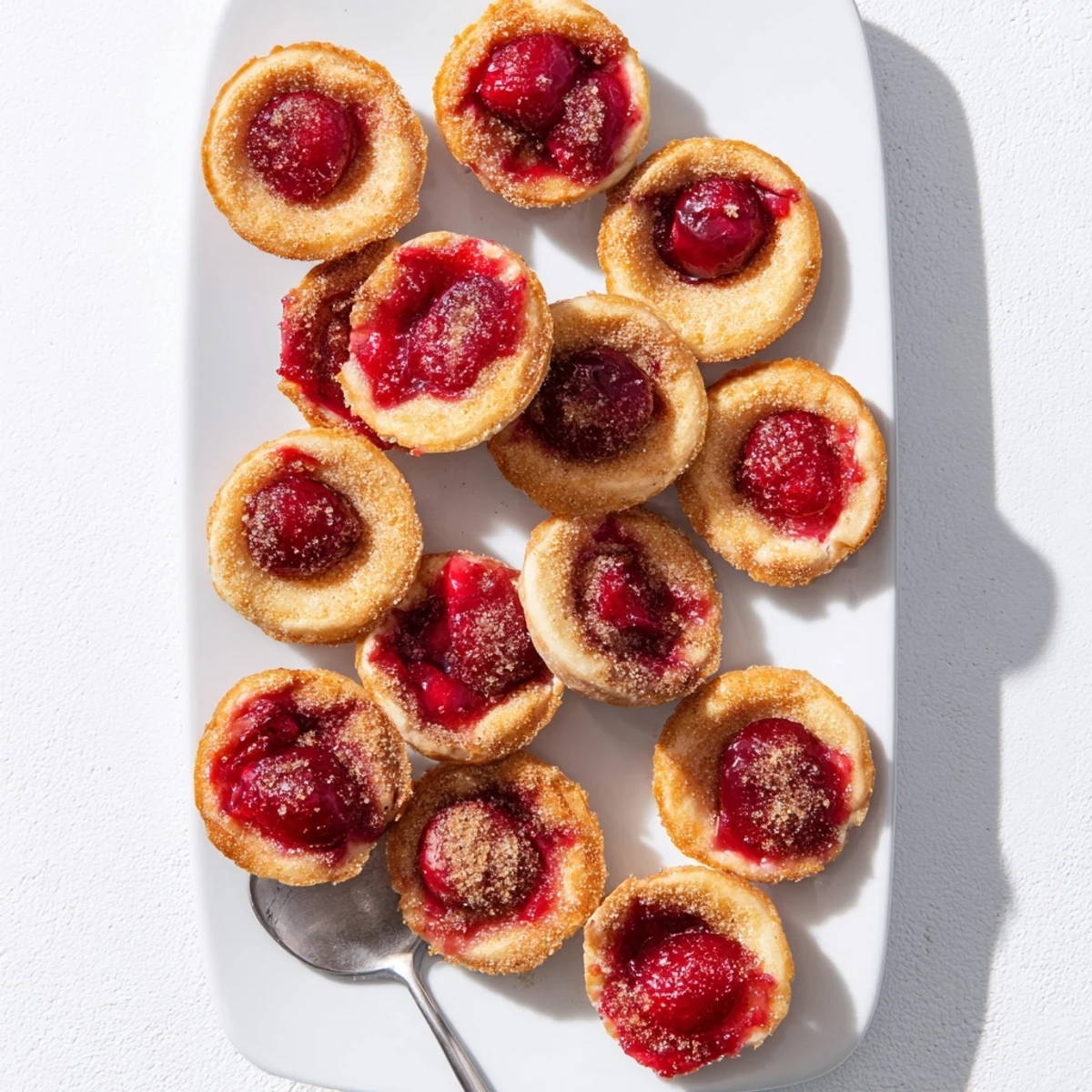 Golden brown Quick Cherry Pie Bites in a mini muffin tin with bubbly red filling and a light cinnamon sugar topping.