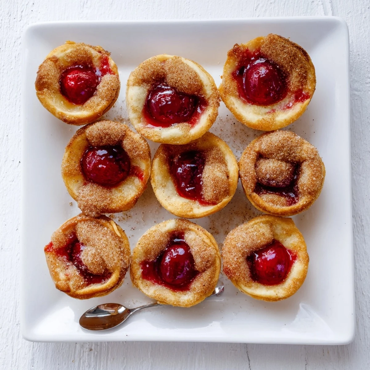 Freshly baked Quick Cherry Pie Bites on a wire rack, showing golden crust and a dollop of whipped cream.