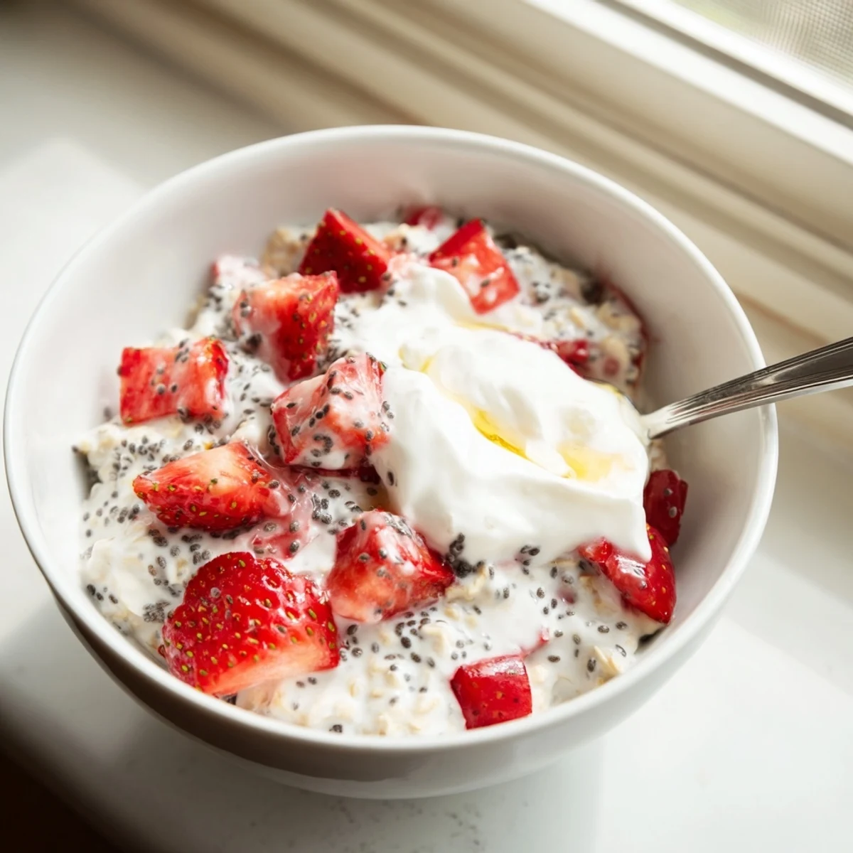 Creamy Strawberry Overnight Oats layered with fresh diced berries in a glass jar, ready for a chilled breakfast.