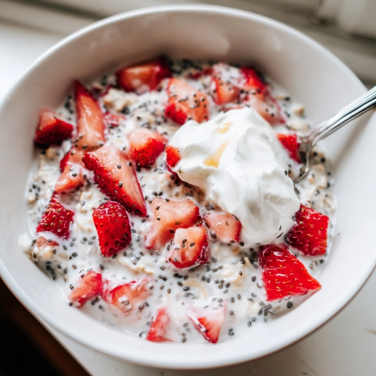 Close-up of Strawberry Overnight Oats showing creamy texture, chia seeds, and honey drizzle for a delicious breakfast.
