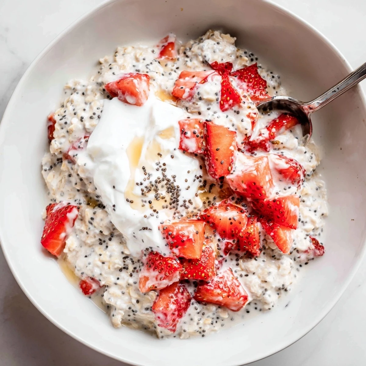 Strawberry Overnight Oats topped with sliced berries and almonds, perfect for a healthy make-ahead morning meal.