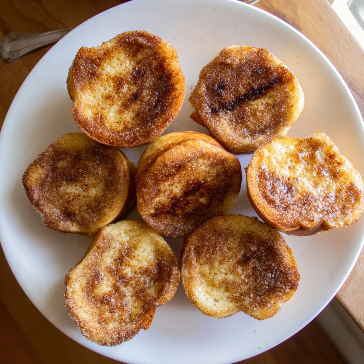 A close-up view of a golden Cinnamon Sugar French Toast Muffin, showing the soft, custardy interior crumb.