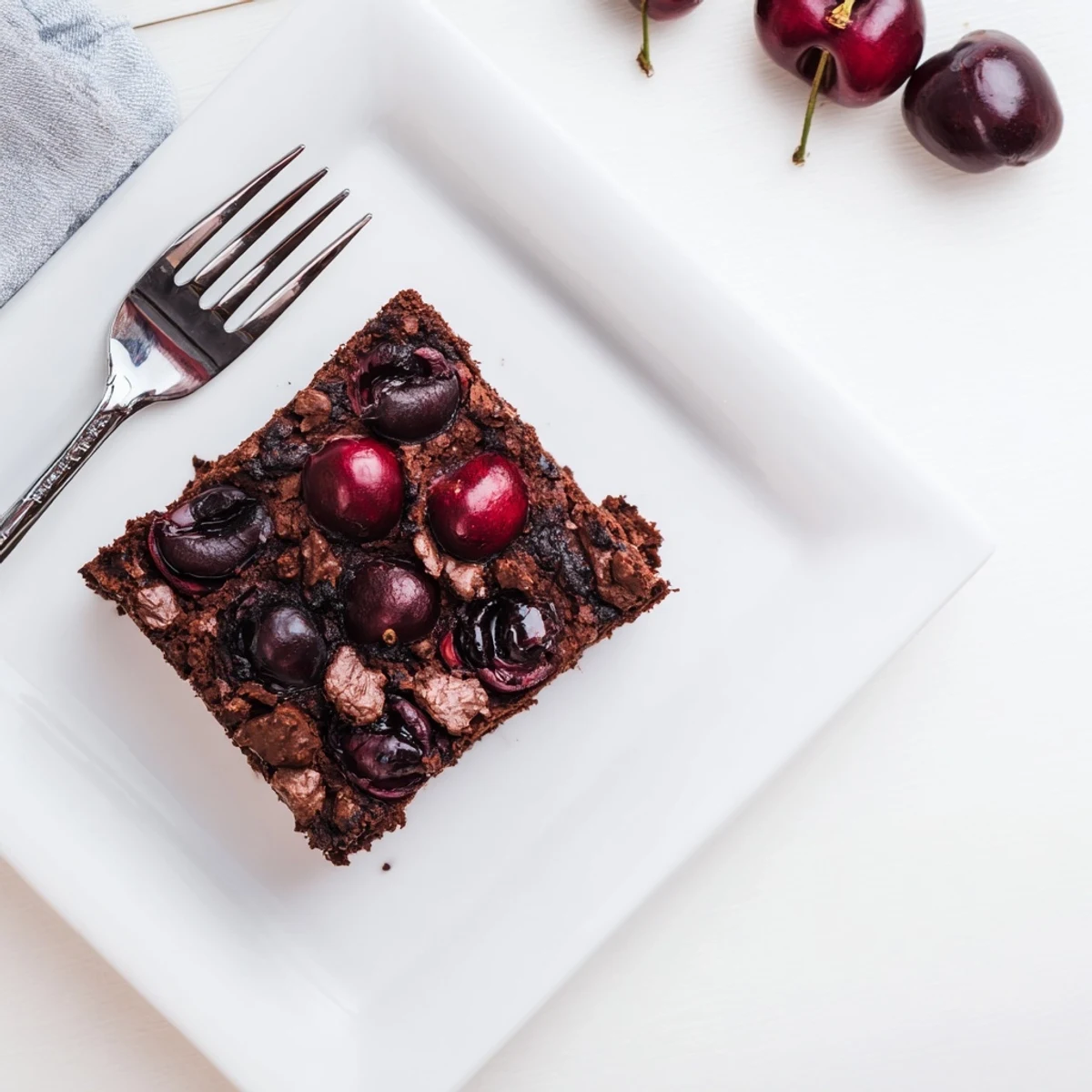 A slice of Roasted Cherry Brownies shows gooey chocolate and roasted cherries on a marble counter.