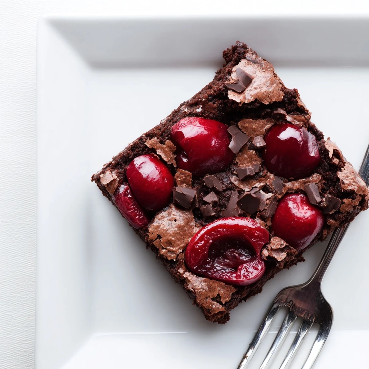 Warm Roasted Cherry Brownies are served with melting vanilla ice cream and a drizzle of chocolate.