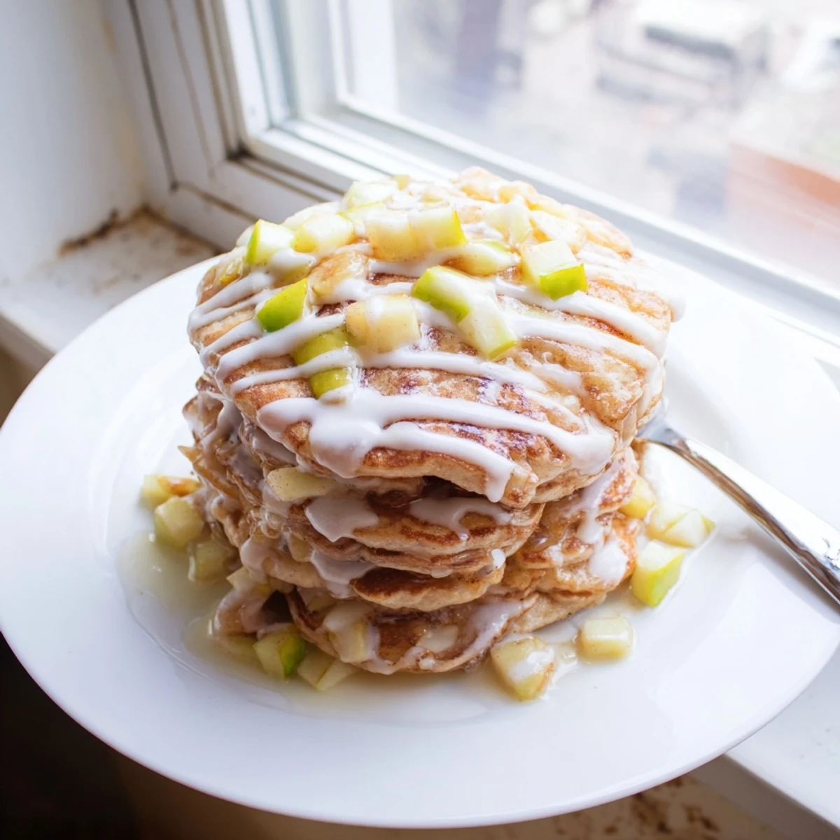 Stack of golden-brown Apple Fritter Pancakes topped with a glossy glaze, sitting on a rustic wooden breakfast table.