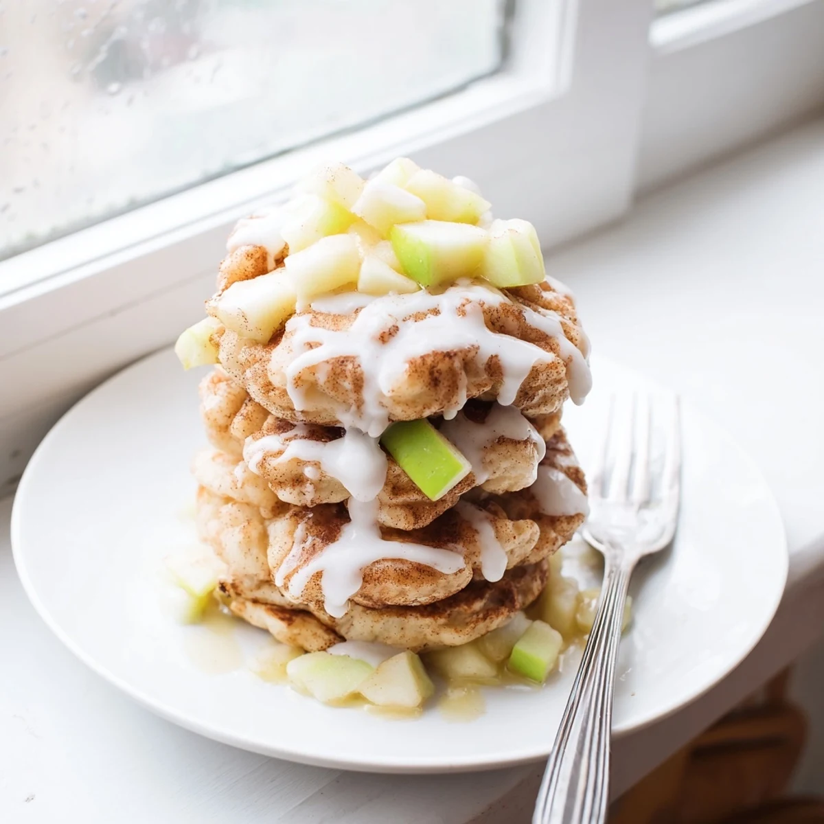 Warm Apple Fritter Pancakes with tender apple chunks and cinnamon spice, served on a white ceramic plate.
