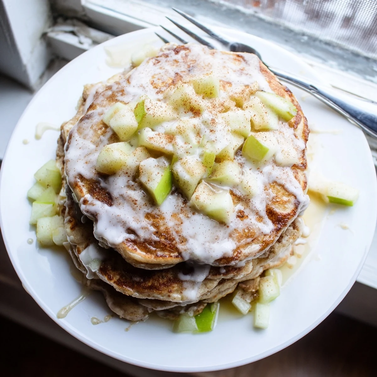 Fluffy Apple Fritter Pancakes drizzled with sweet glaze, perfect for a cozy morning breakfast in a U.S. kitchen.