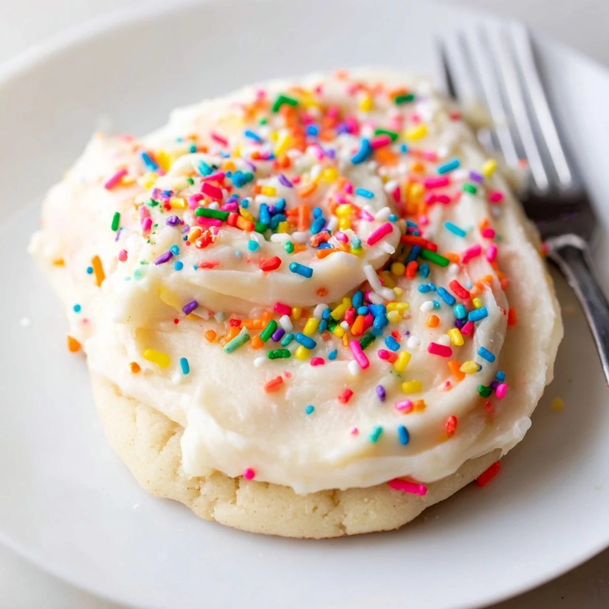 Perfectly frosted Soft Sour Cream Sugar Cookies With Cream Cheese Frosting sit on a white ceramic plate, ready to serve.