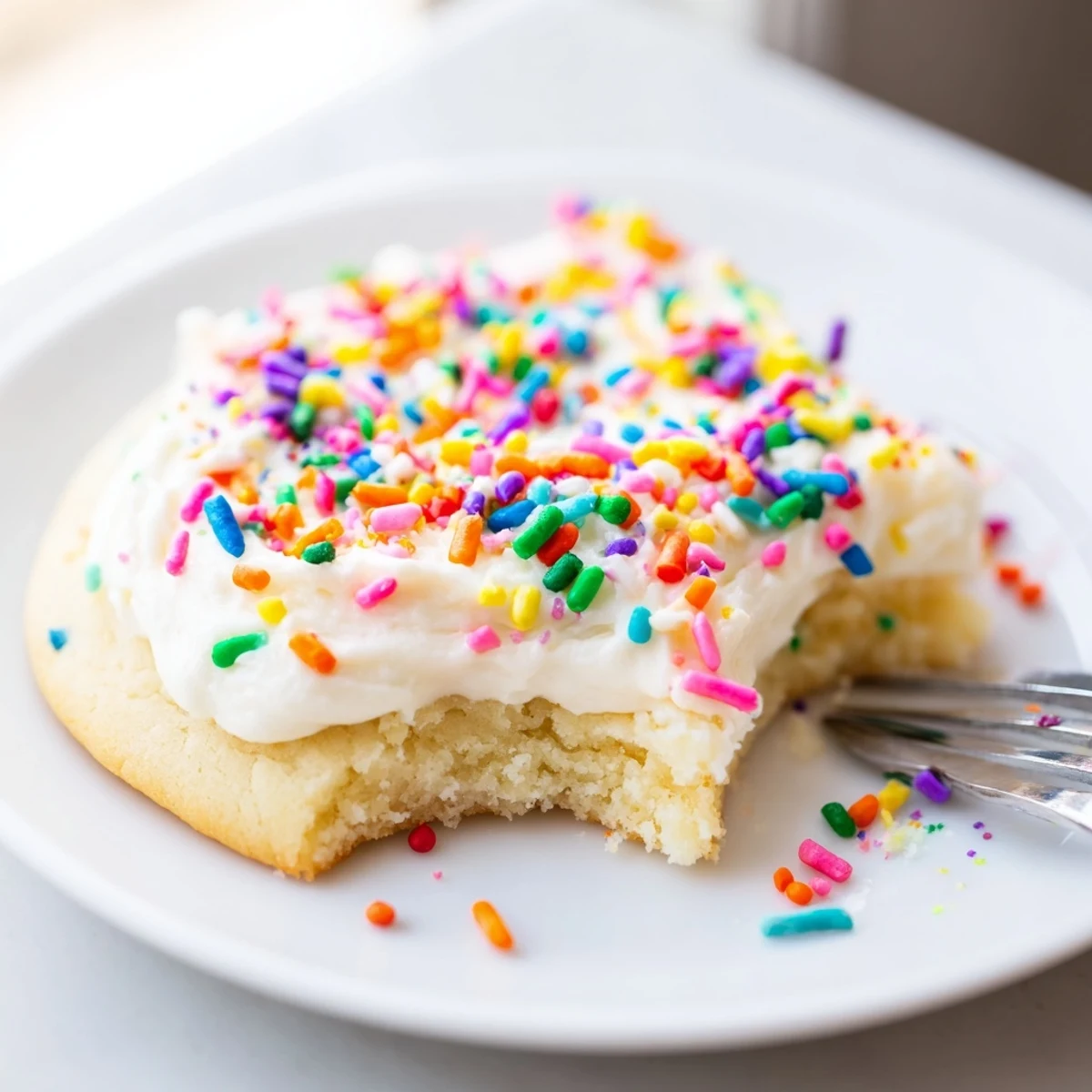 Close-up view of Soft Sour Cream Sugar Cookies With Cream Cheese Frosting showing a tender crumb and creamy topping.