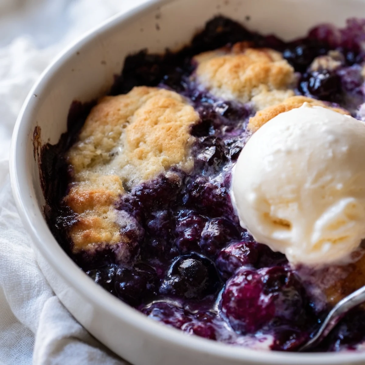 A close-up of warm Moist Blueberry Cobbler With Frozen Berries bubbling in a baking dish, ready to serve.
