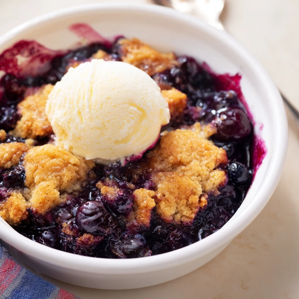 Moist Blueberry Cobbler With Frozen Berries topped with a scoop of vanilla ice cream melting over golden crust.
