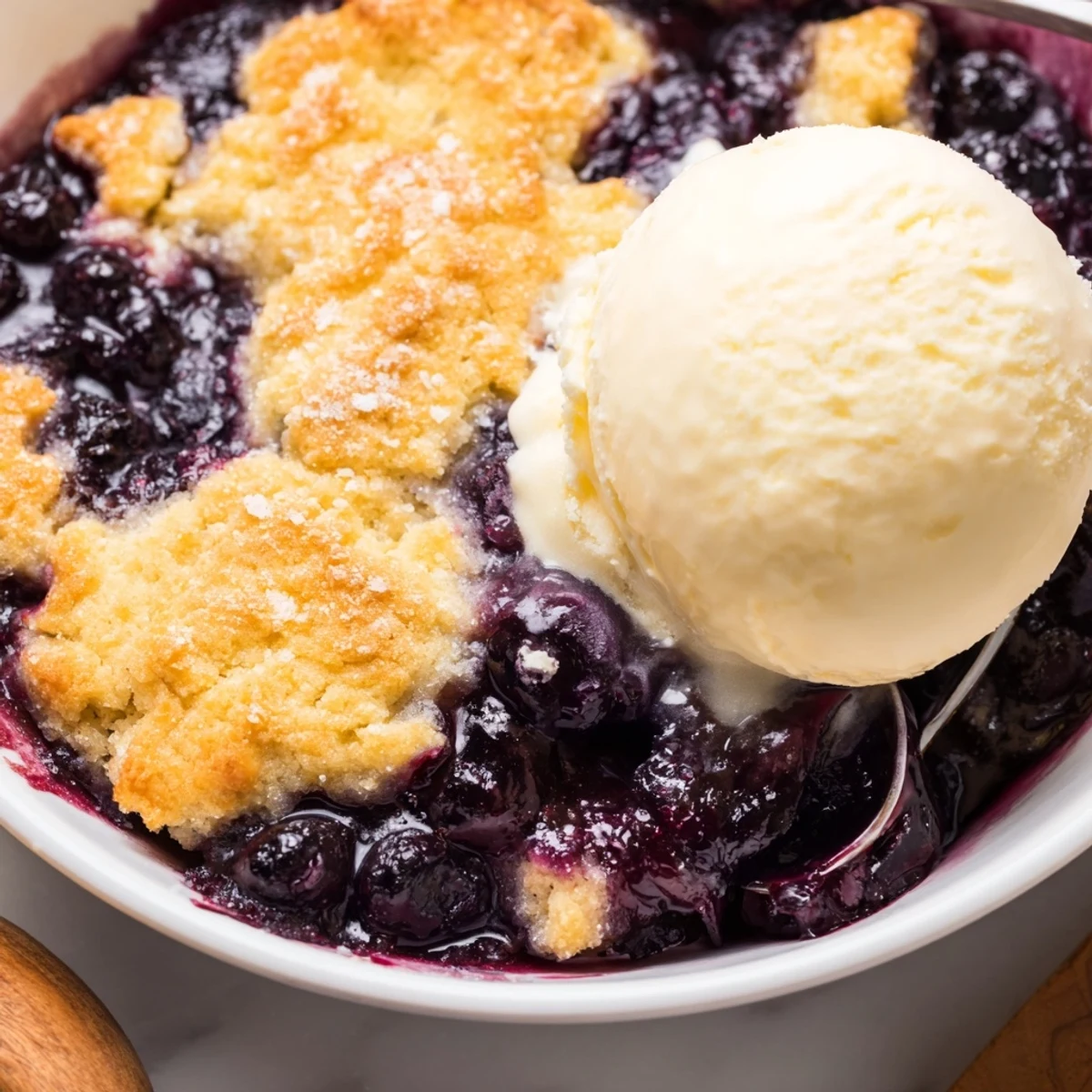 A spoon lifting a serving of Moist Blueberry Cobbler With Frozen Berries revealing juicy blueberries and tender biscuit topping.