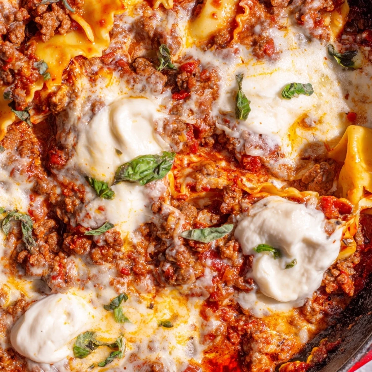 A close-up of Skillet Lasagna in a cast-iron pan, layers of pasta, rich meat sauce, and melted mozzarella.