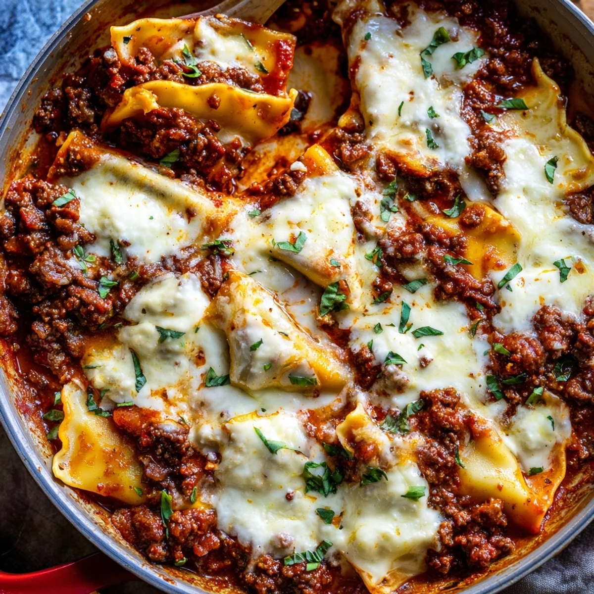 Fresh basil garnishes a serving of Skillet Lasagna, with melted cheese and meat sauce in one pan.
