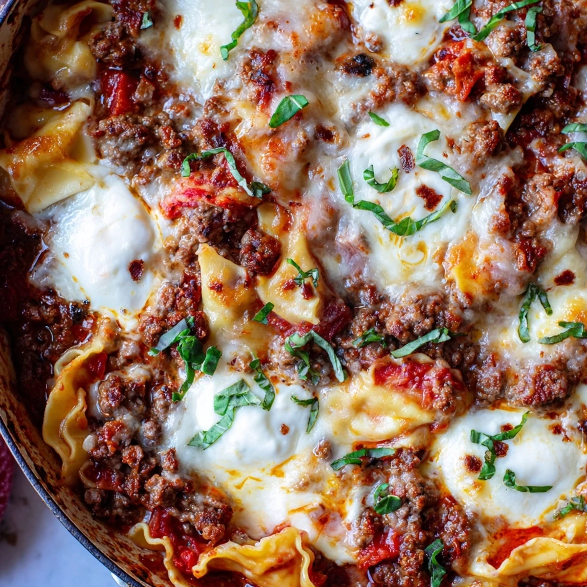 Steam rises from this easy Skillet Lasagna, showing ricotta dollops and Parmesan on a weeknight dinner.