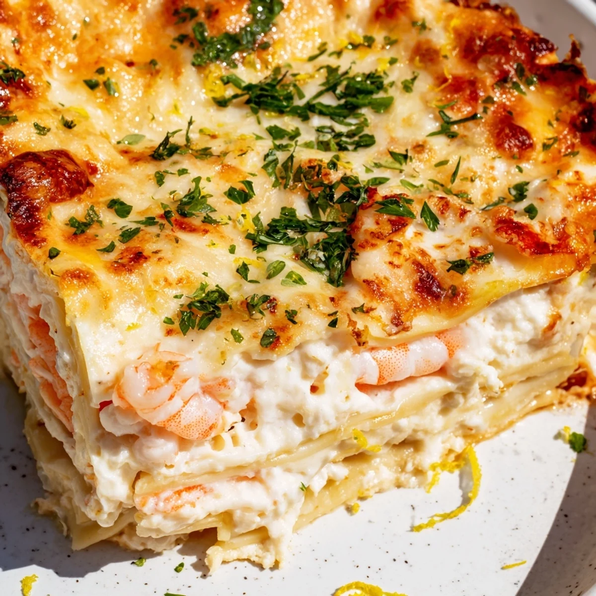 Close-up of baked Garlic Butter Shrimp Scampi Lasagna with melted mozzarella and golden edges.