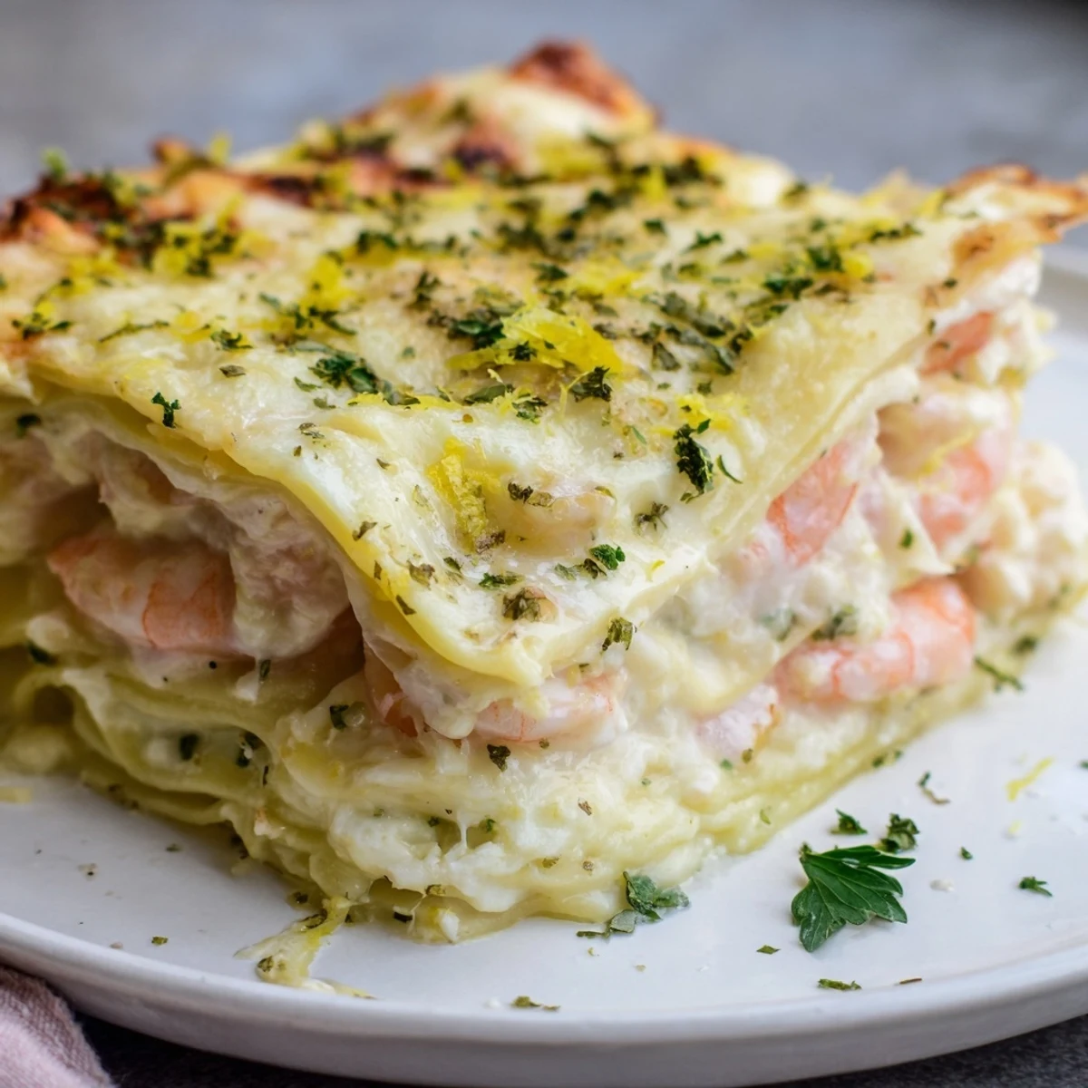 A slice of Garlic Butter Shrimp Scampi Lasagna shows layers of pasta, shrimp, and ricotta.