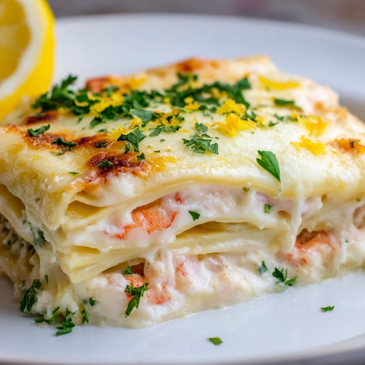 Garlic Butter Shrimp Scampi Lasagna served hot with fresh parsley garnish on a plate.