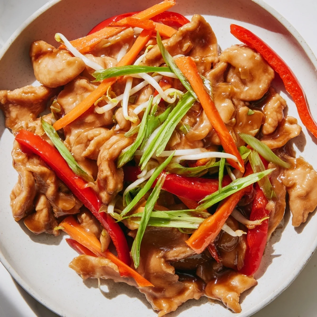 A close-up of Peking Style Chicken with bright red bell pepper and crisp bean sprouts.  