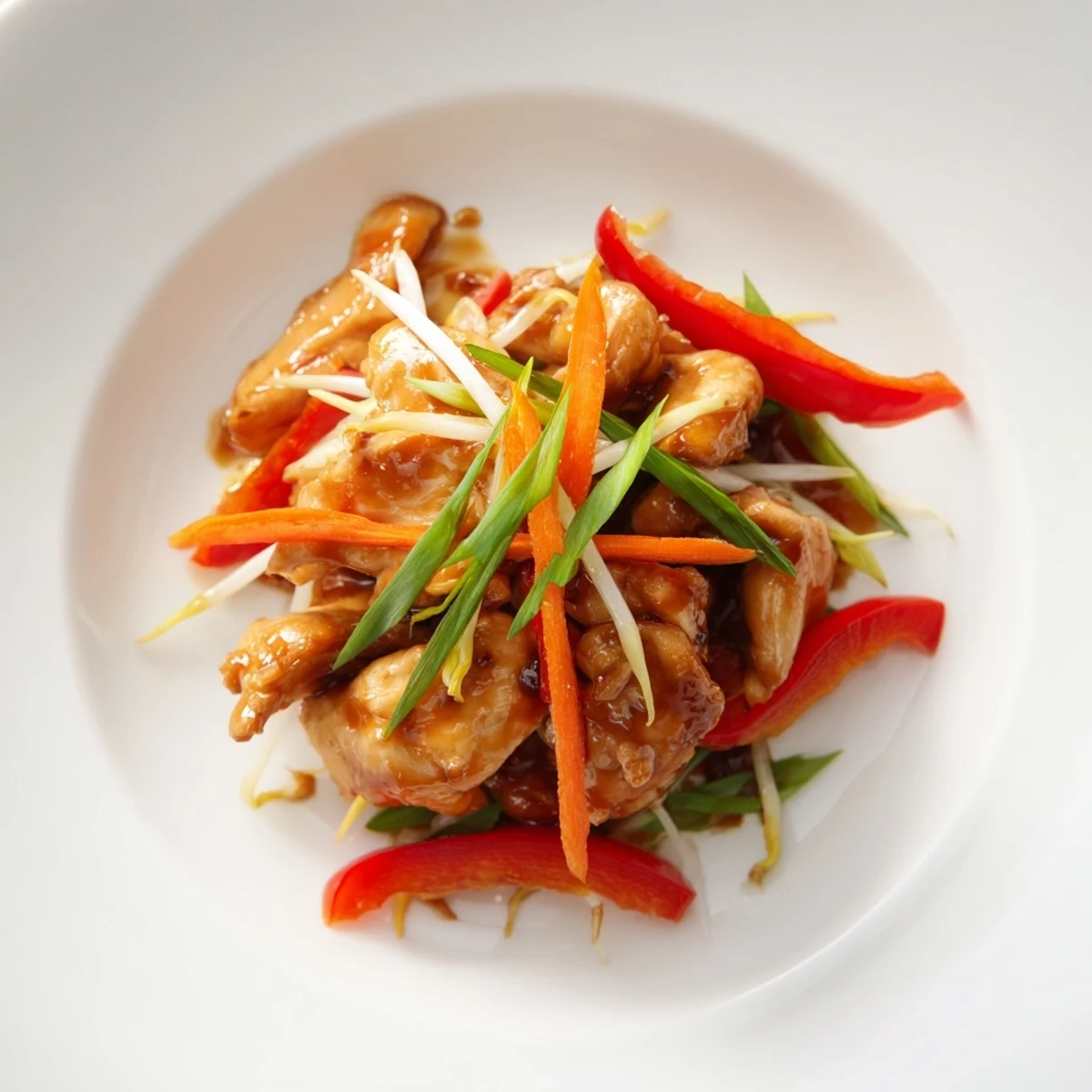 Sizzling Peking Style Chicken in a wok, served hot with steamed rice and garnished scallions.